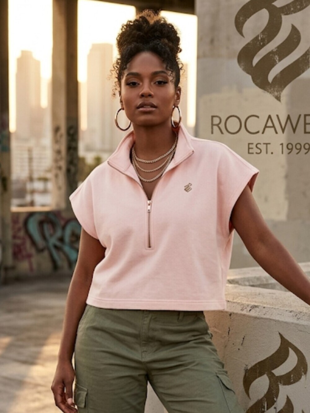 ROCAWEAR Women quarter zipped cropped sweatshirt top size Medium @E